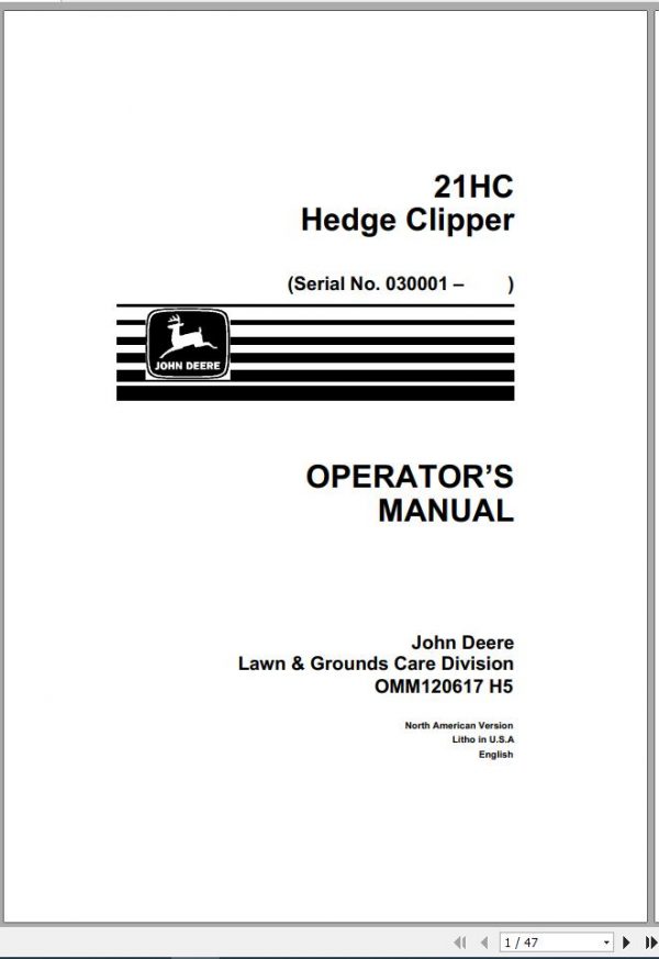 John Deere Hedge Clipper 21HC SN 030001 Operators Manual OMM120617 H5 1