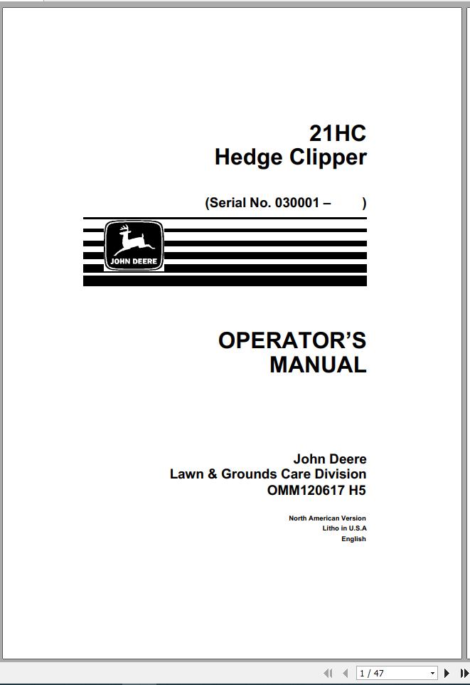 John Deere Hedge Clipper 21HC SN 030001 Operators Manual OMM120617 H5 1