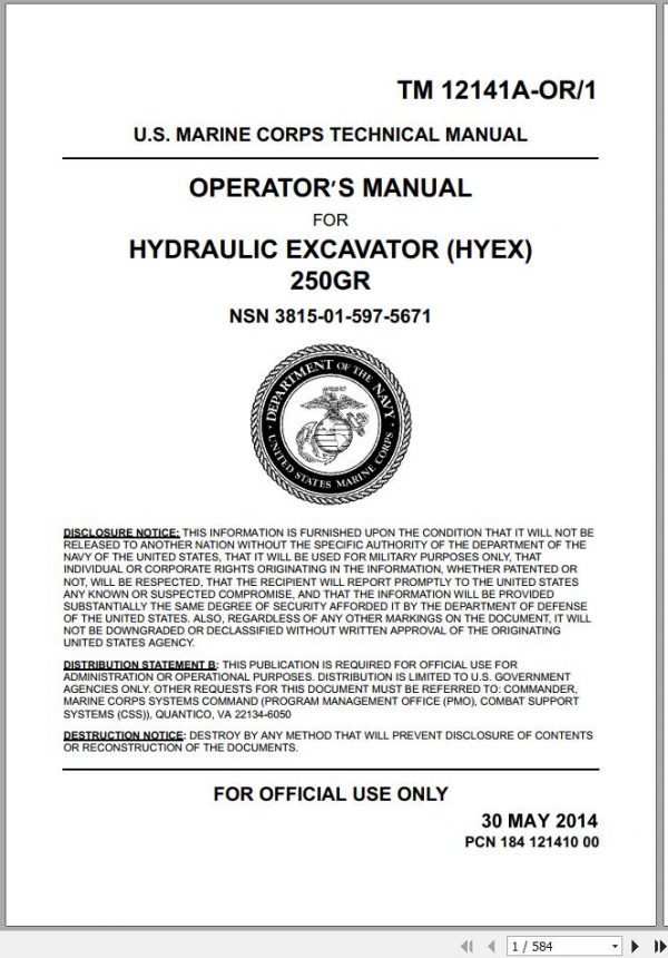 John Deere Hydraulic Exvavator 250GR Operators Manual TM12141A OR1 2014 1