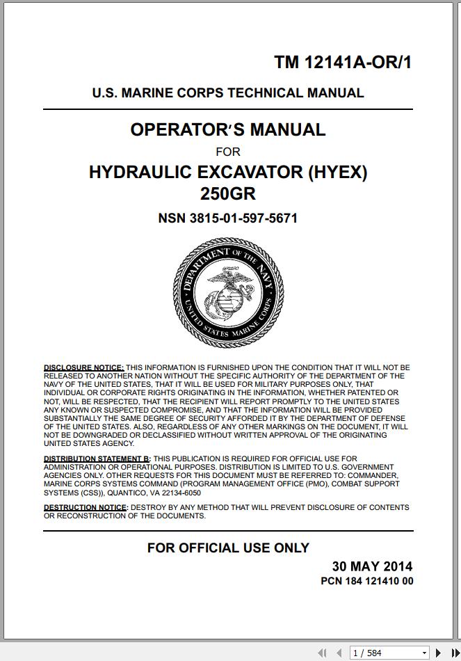 John Deere Hydraulic Exvavator 250GR Operators Manual TM12141A OR1 2014 1