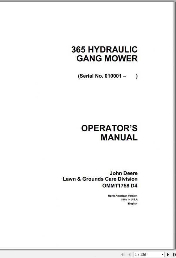 John Deere Hydraulic Gang Mower 365 SN 010001 Operators Manual OMMT1758 D4 1