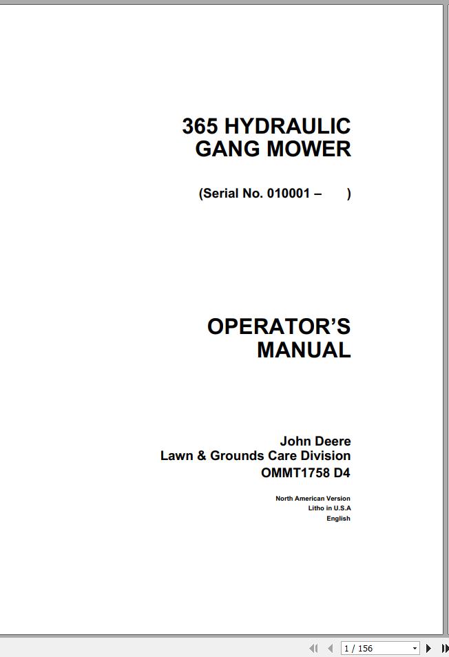John Deere Hydraulic Gang Mower 365 SN 010001 Operators Manual OMMT1758 D4 1