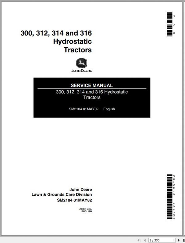 John Deere Hydrostatic Tractors 300 312 314 316 Service Manual SM2104 1