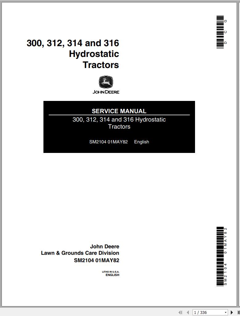 John Deere Hydrostatic Tractors 300 312 314 316 Service Manual SM2104 1