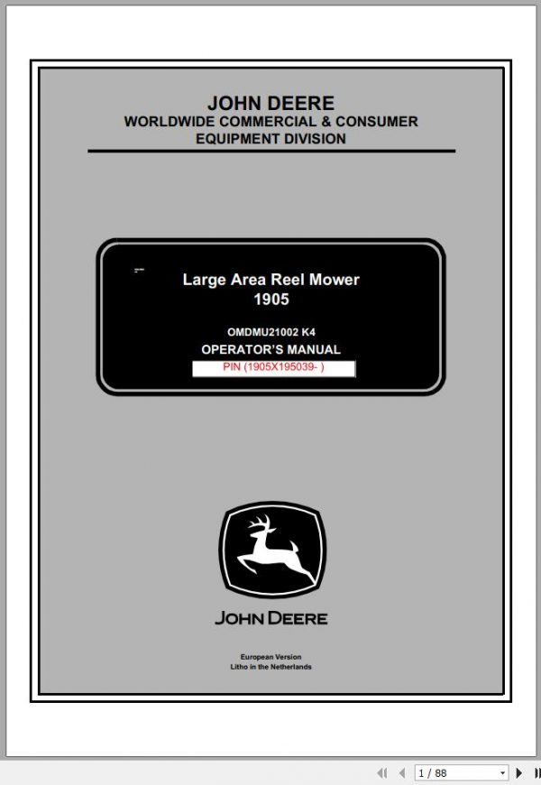 John Deere Large Area Reel Mower 1905 SN 1905X195039 Operators Manual OMDMU21002 K4 2005 1
