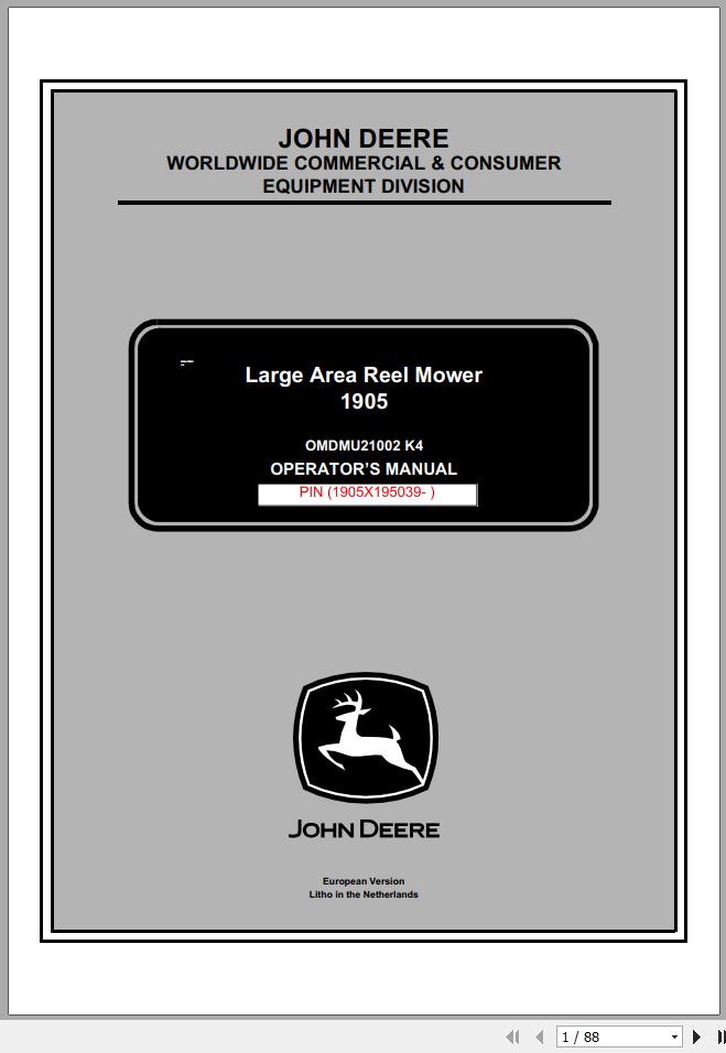 John Deere Large Area Reel Mower 1905 SN 1905X195039 Operators Manual OMDMU21002 K4 2005 1