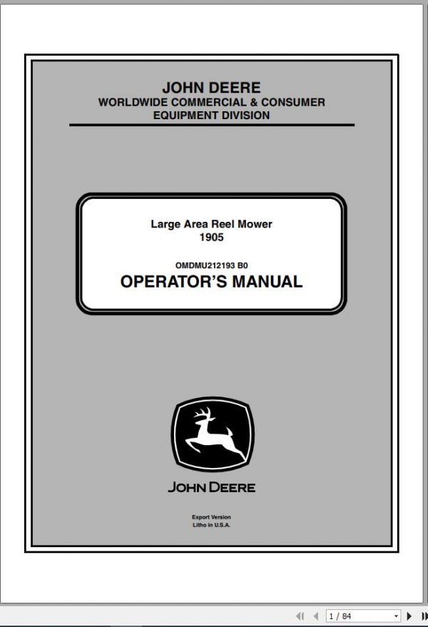 John Deere Large Area Reel Mower 1905 SN 1905X195562 Operators Manual OMDMU212193 B0 2010 1