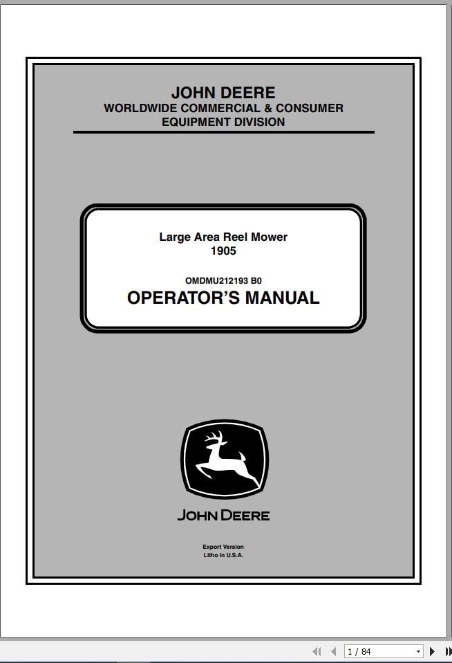 John Deere Large Area Reel Mower 1905 SN 1905X195562 Operators Manual OMDMU212193 B0 2010 1