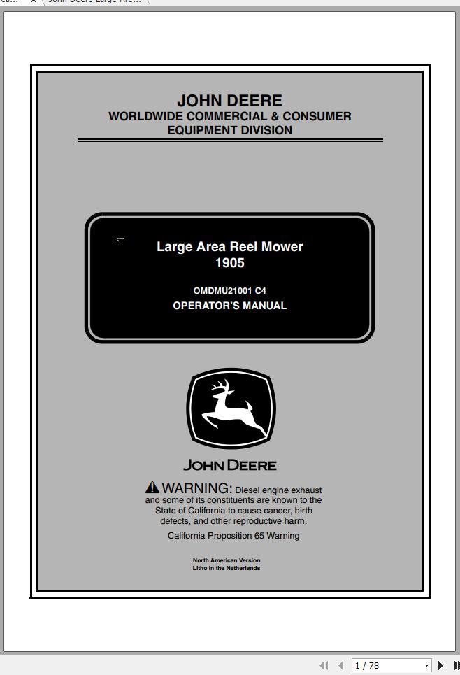 John Deere Large Area Reel Mower 1905 SN 195001 Operators Manual 2005 1