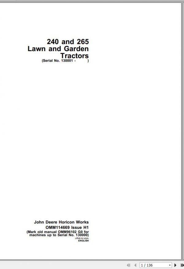 John Deere Lawn Garden Tractor 240 265 SN 130001 Operators Manual OMM114669 H1 1