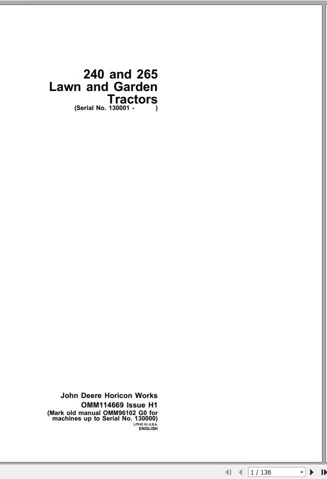John Deere Lawn Garden Tractor 240 265 SN 130001 Operators Manual OMM114669 H1 1