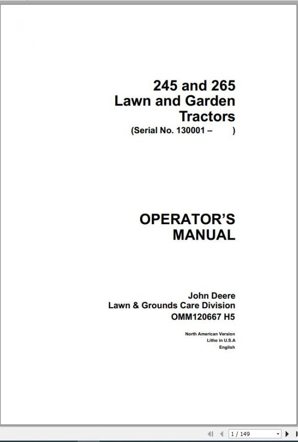 John Deere Lawn Garden Tractor 245 265 SN 130001 Operators Manual OMM120667 H5 1