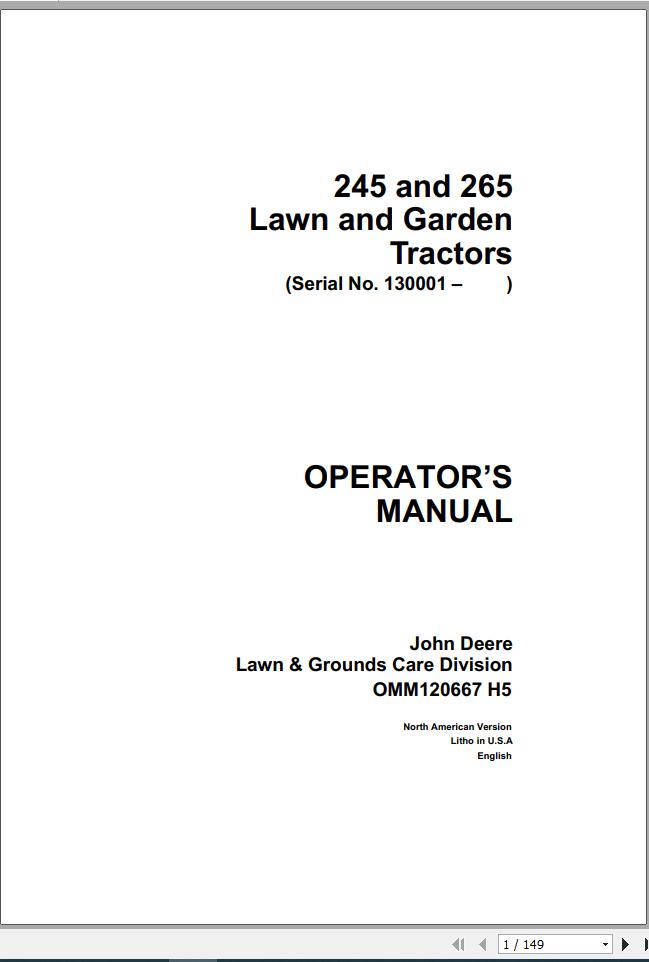John Deere Lawn Garden Tractor 245 265 SN 130001 Operators Manual OMM120667 H5 1