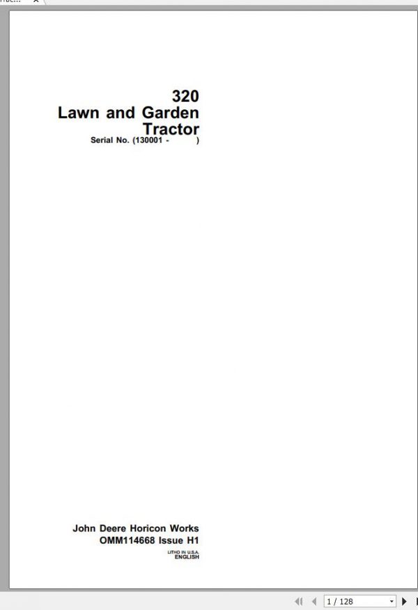 John Deere Lawn Garden Tractor 320 SN 130001 Operators Manual OMM114668 H1 1
