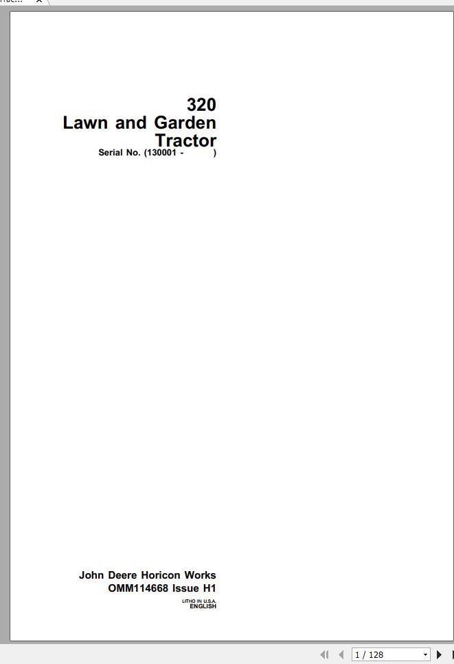 John Deere Lawn Garden Tractor 320 SN 130001 Operators Manual OMM114668 H1 1