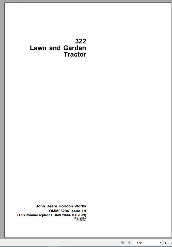 John Deere Lawn Garden Tractor 322 Operators Manual OMM95296 L9 1