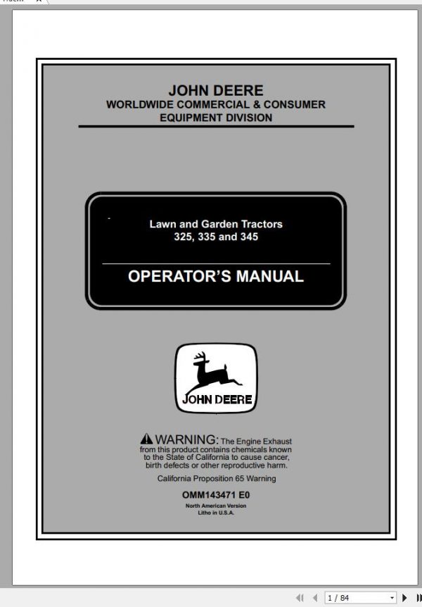 John Deere Lawn Garden Tractor 325 335 345 SN 070001 Operators Manual OMM143471 E0 1