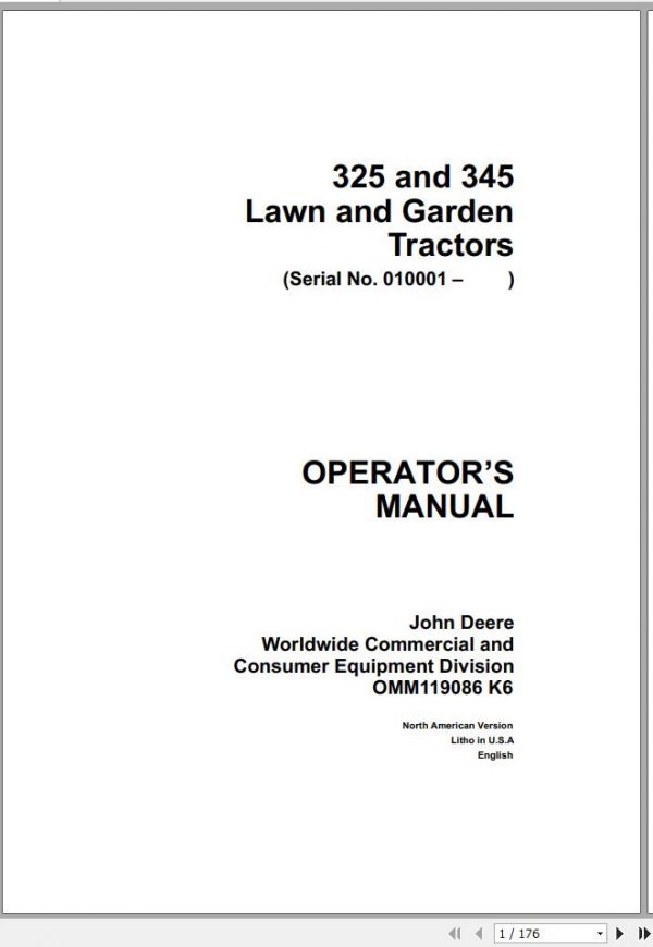 John Deere Lawn Garden Tractor 325 345 SN 010001 Operators Manual OMM119086 K6 1