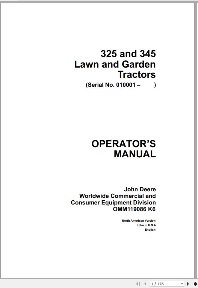 John Deere Lawn Garden Tractor 325 345 SN 010001 Operators Manual OMM119086 K6 1