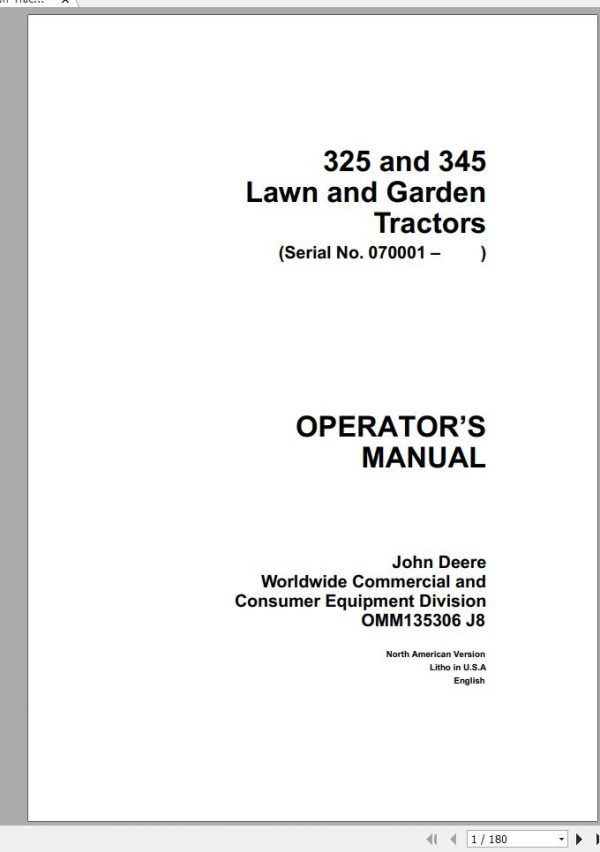 John Deere Lawn Garden Tractor 325 345 SN 070001 Operators Manual OMM135306 J8 1