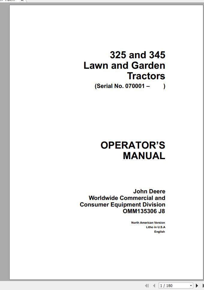 John Deere Lawn Garden Tractor 325 345 SN 070001 Operators Manual OMM135306 J8 1