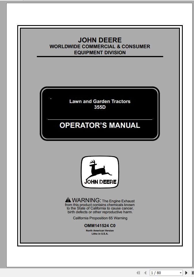John Deere Lawn Garden Tractor 355D SN 085001 Operators Manual OMM141524 C0 1