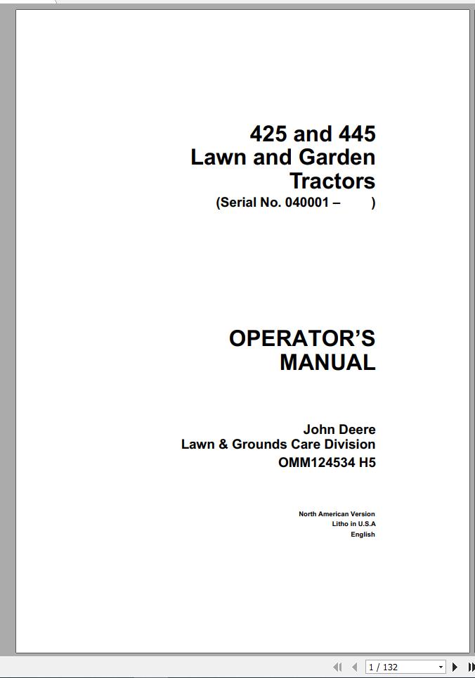 John Deere Lawn Garden Tractor 425 445 SN 040001 Operators Manual OMM124534 H5 1