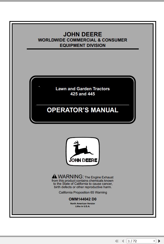 John Deere Lawn Garden Tractor 425 445 SN 070001 Operators Manual OMM144042 D0 1