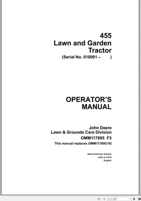 John Deere Lawn Garden Tractor 455 SN 010001 Operators Manual OMM117695 F3 1