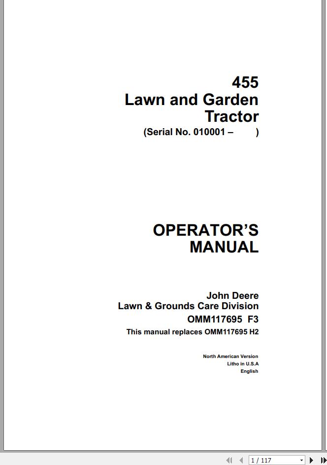 John Deere Lawn Garden Tractor 455 SN 010001 Operators Manual OMM117695 F3 1