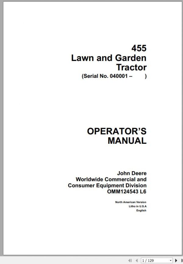 John Deere Lawn Garden Tractor 455 SN 040001 Operators Manual OMM124543 L6 1