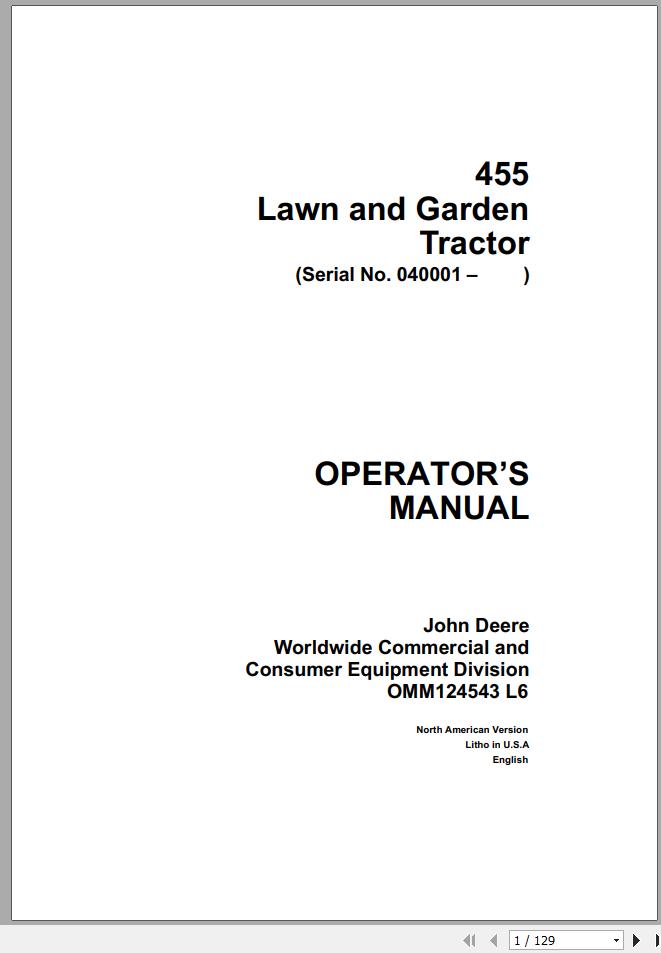 John Deere Lawn Garden Tractor 455 SN 040001 Operators Manual OMM124543 L6 1