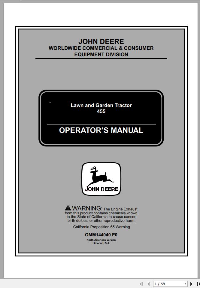 John Deere Lawn Garden Tractor 455 SN 070001 Operators Manual OMM144040 E0 1