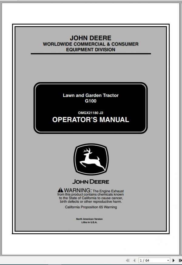 John Deere Lawn Garden Tractor G100 SN 010001 Operators Manual OMGX21180 J2 2002 1