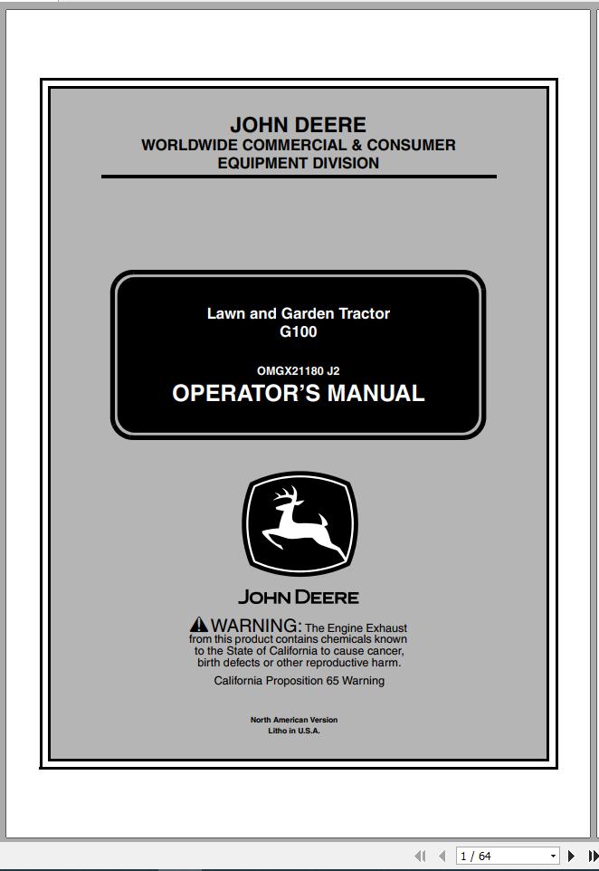 John Deere Lawn Garden Tractor G100 SN 010001 Operators Manual OMGX21180 J2 2002 1