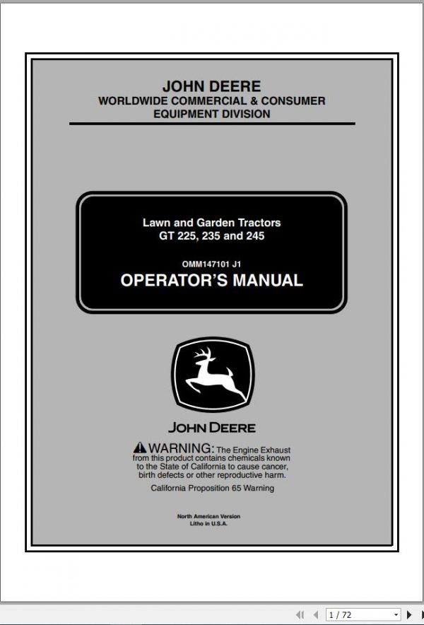 John Deere Lawn Garden Tractor GT 225 235 245 Operators Manual OMM147101 J1 2001 1
