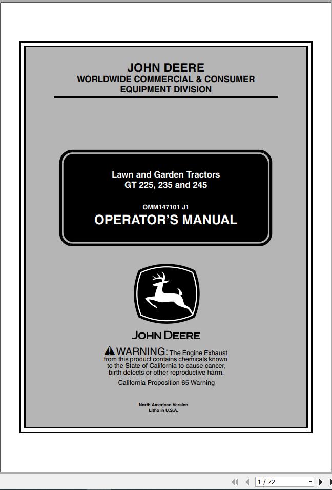 John Deere Lawn Garden Tractor GT 225 235 245 Operators Manual OMM147101 J1 2001 1