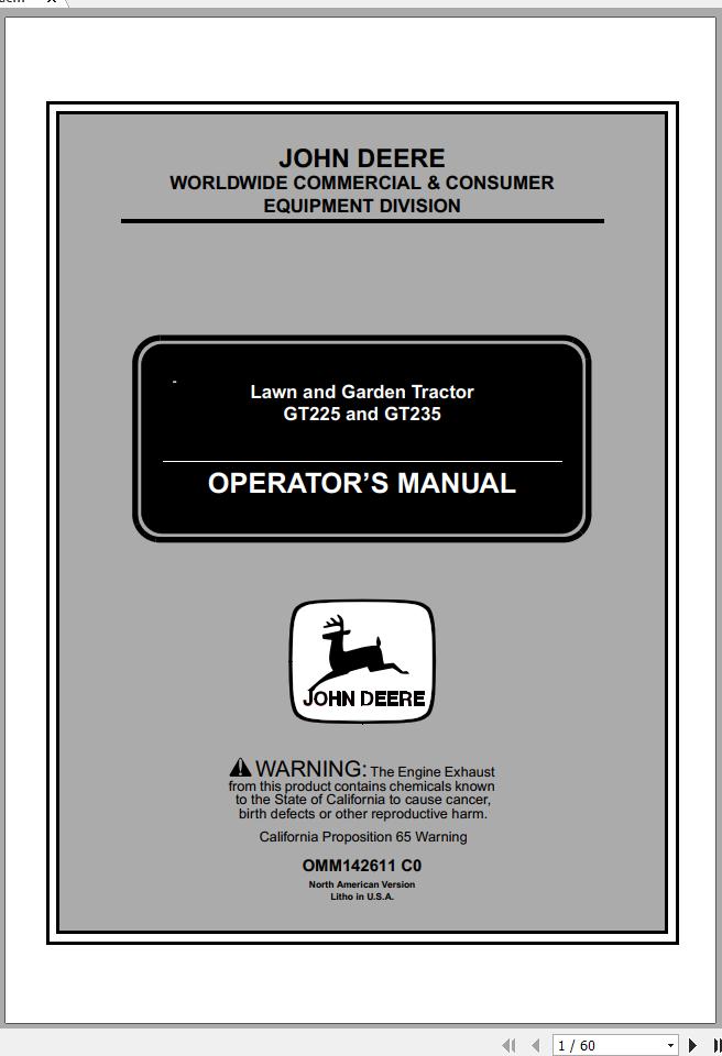 John Deere Lawn Garden Tractor GT225 GT235 SN 010001 Operators Manual OMM142611 C0 1