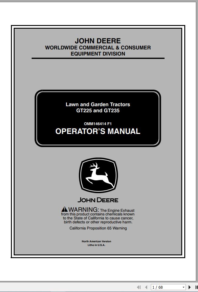 John Deere Lawn Garden Tractor GT225 GT235 SN 060001 Operators Manual5 OMM146414 F1 2001 1