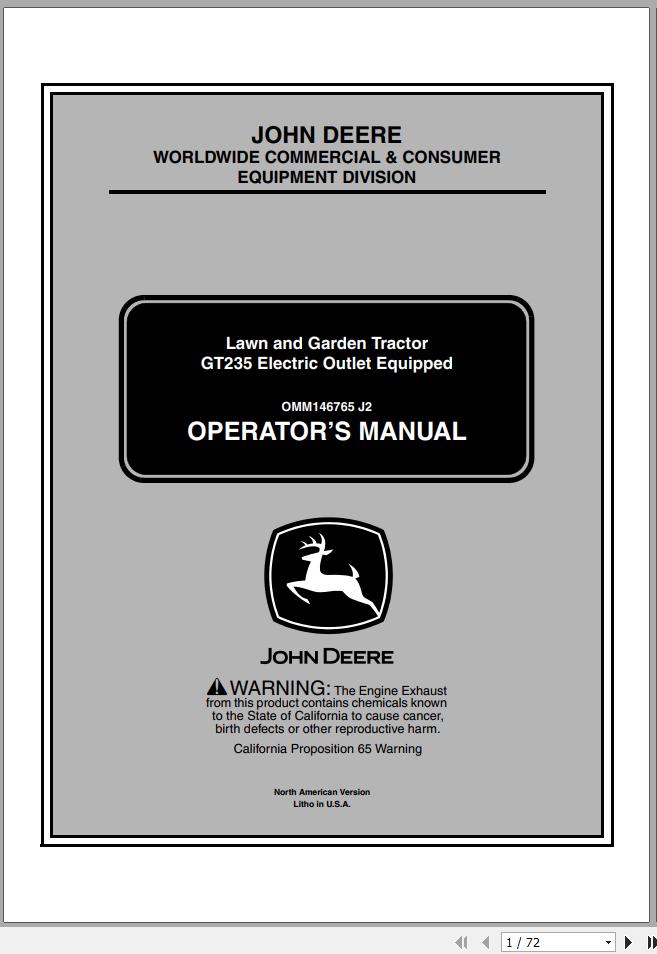 John Deere Lawn Garden Tractor GT235 Electric Outlet Equipped Operators Manual OMM146765 J2 2002 1