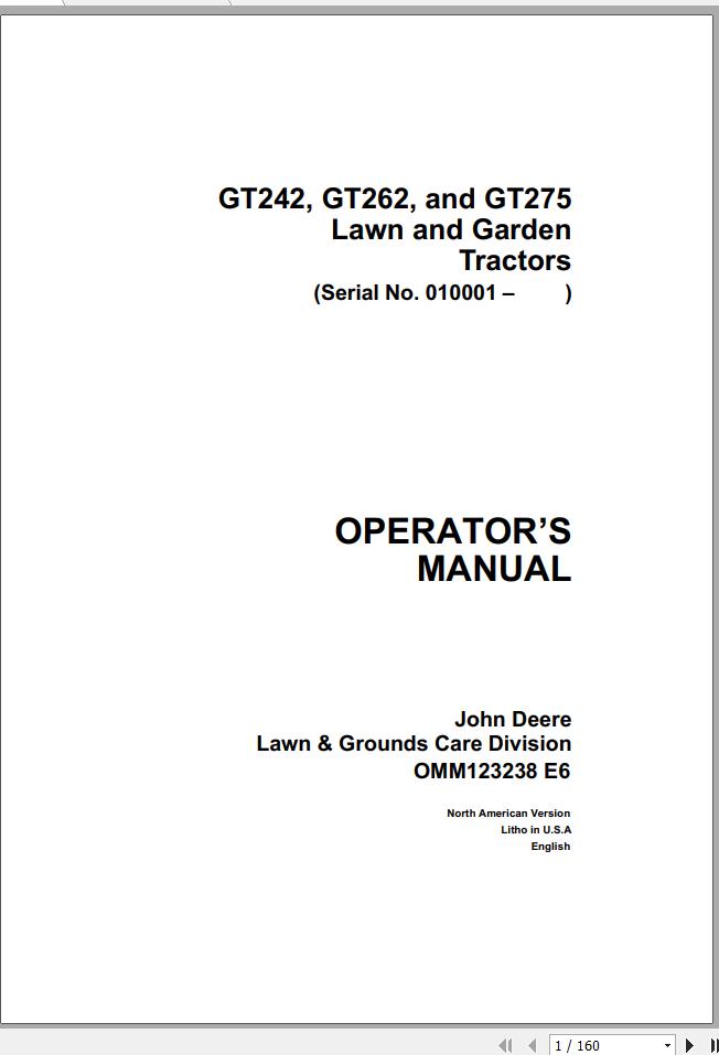John Deere Lawn Garden Tractor GT242 GT262 GT275 SN 010001 Operators Manual 1