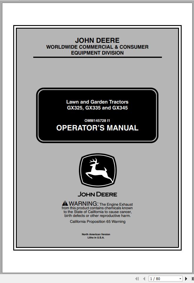 John Deere Lawn Garden Tractor GX325 GX335 GX345 SN 105001 Operators Manual OMM145728 I1 2001 1