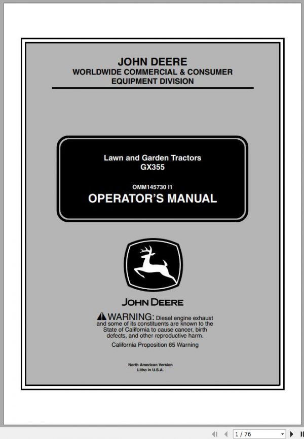 John Deere Lawn Garden Tractor GX355 SN 105001 Operators Manual OMM145730 I1 2001 1