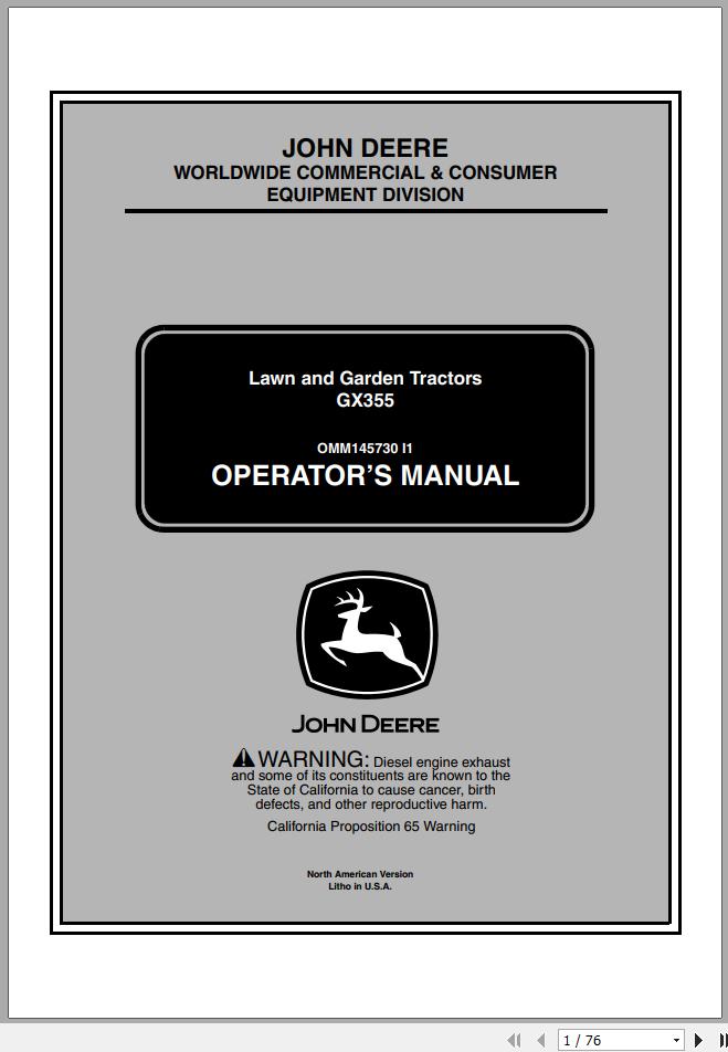 John Deere Lawn Garden Tractor GX355 SN 105001 Operators Manual OMM145730 I1 2001 1