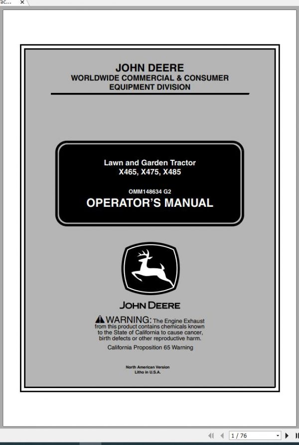 John Deere Lawn Garden Tractor X465 X475 X485 SN 010001 Operators Manual OMM148634 G2 2002 1
