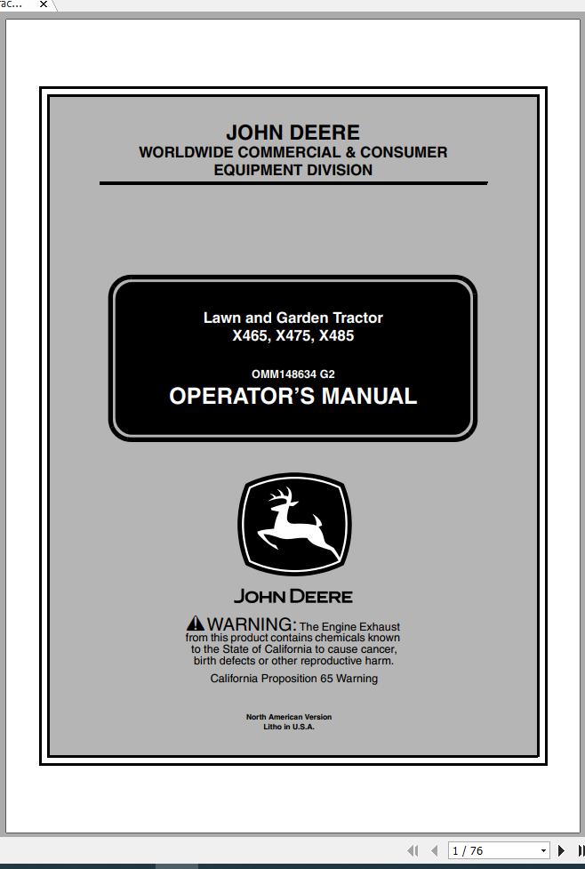 John Deere Lawn Garden Tractor X465 X475 X485 SN 010001 Operators Manual OMM148634 G2 2002 1