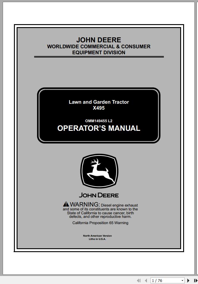 John Deere Lawn Garden Tractor X495 SN 020831 Operators Manual OMM149455 L2 1