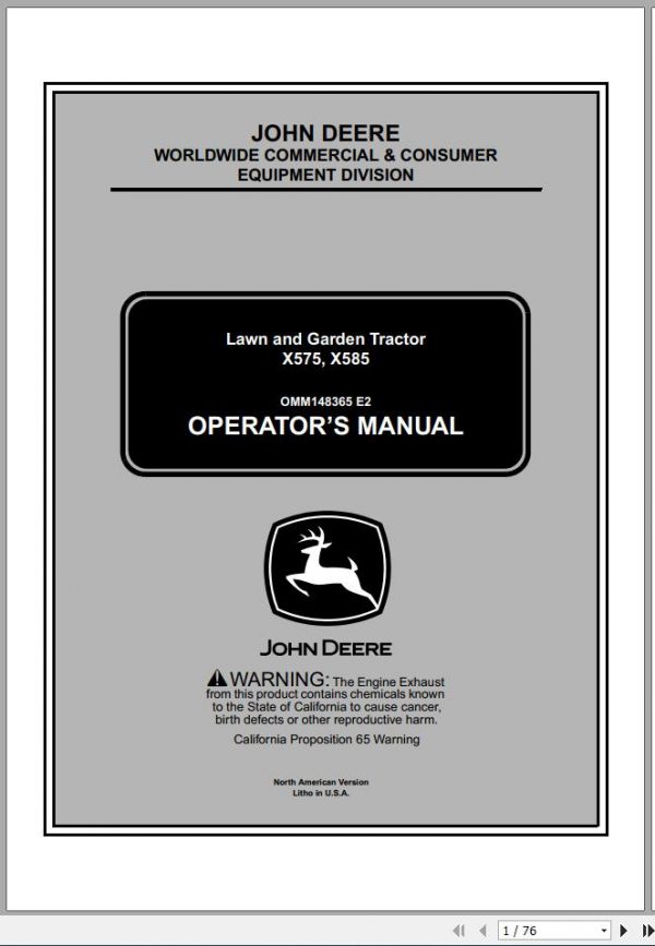 John Deere Lawn Garden Tractor X575 X585 Operators Manual OMM148365 E2 2002 1