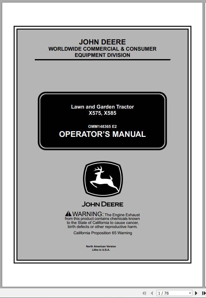John Deere Lawn Garden Tractor X575 X585 Operators Manual OMM148365 E2 2002 1