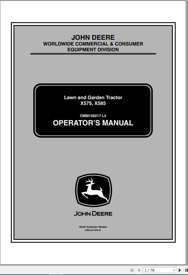 John Deere Lawn Garden Tractor X575 X585 SN 030001 Operators Manual OMM150217 L3 2003 1